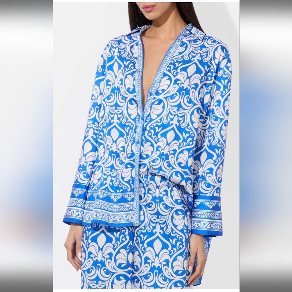 Alice + Olivia Kiva Oversize Mixed Print Button Up Shirt Blouse sz Small Medium